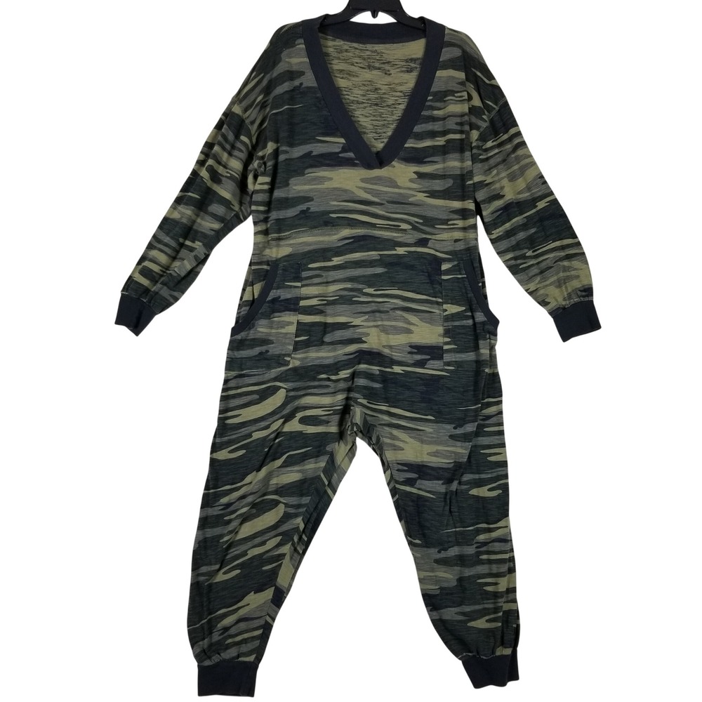 Natural Life Jumpsuit Womens Medium Green Camo V-Neck Long Sleeve Loungewear
